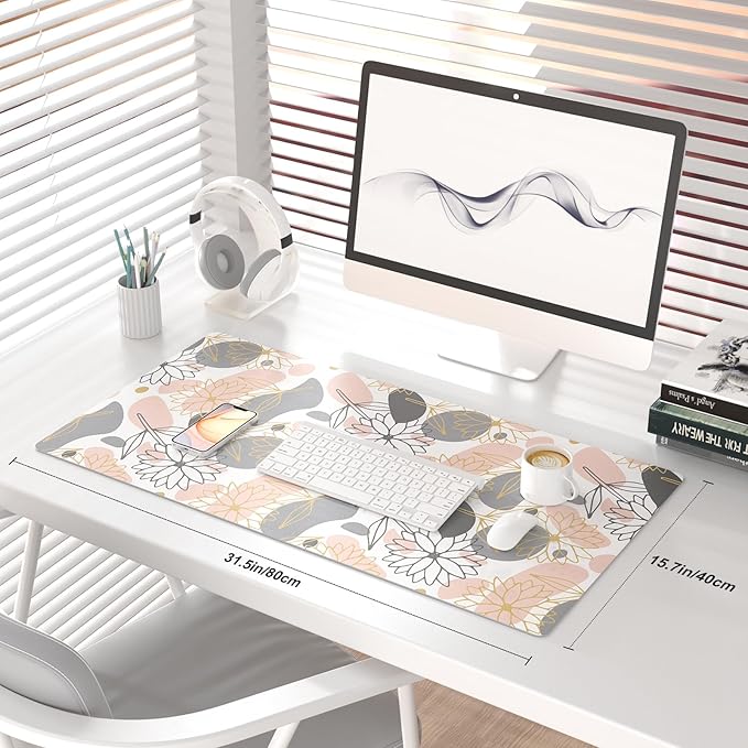 QiyI Large Mouse Pad, Extended Desk Mat for Desktop, PU Leather Waterproof Gaming Mousepad, Computer Desk Accessories Protector Writing Pads for School Office Home 31.5" x 15.7" - Line Art Flowers