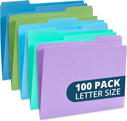Blue Summit Supplies Ocean Tone Colored File Folders Letter Size, 1/3 Cut Top Tab File Folders, Assorted Blue and Green Colored, for Organizing and File Cabinet Storage, 100 Pack