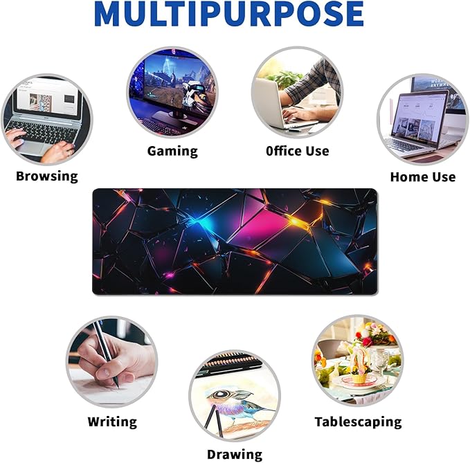 Stylish Geometric Mouse Pad Abstract Black Mouse Pad 31.5x11.8 Inch Geometric Texture Non-Slip Rubber Base Large Mousepad Stitched Edges Keyboard Mouse Mat Desk Pad for Office and Home