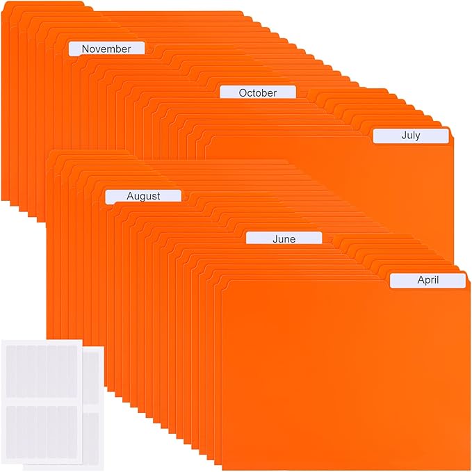 48 Pack Colored Plastic File Folders with Tabs and Sticky Labels Sturdy 1/3 Cut Tab Manila File Folders Letter Size 8. 5 x 11 Inch for Office Home Supplies Organizer Documents(Orange)