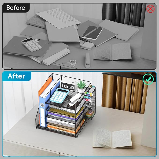 Desk Organizer with Magazine Holder, 5-Tier Paper Organizer for Desk with Pen Holder, Paper Letter Tray for Home, Office and School Supplies, Black