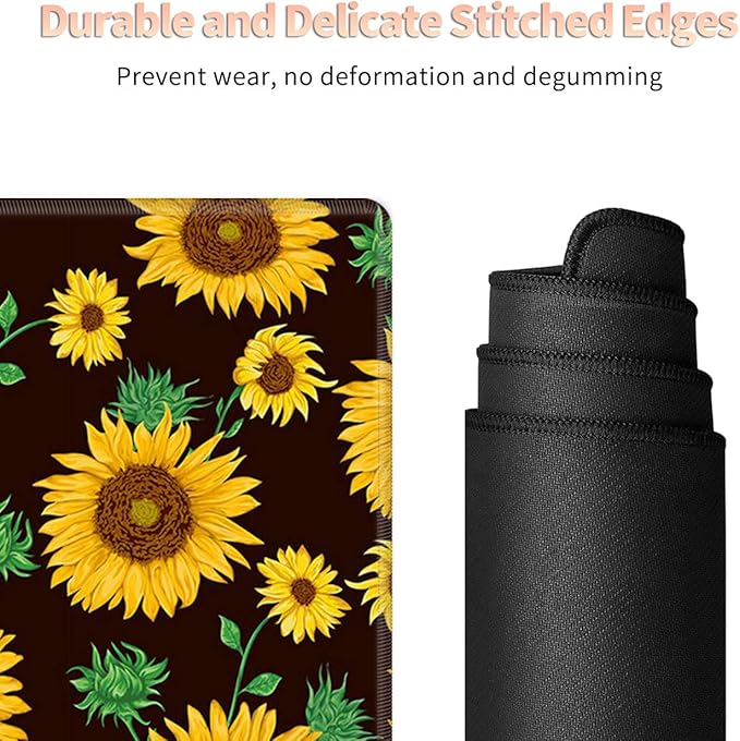 Large Gaming Mouse Pad with Stitched Edges, Desk Pad Protector, Computer Keyboard Mouse Mat Non-Slip Cute Desk Decor for Home/Office/Study Accessories+ Coaster, Sunflower Yellow