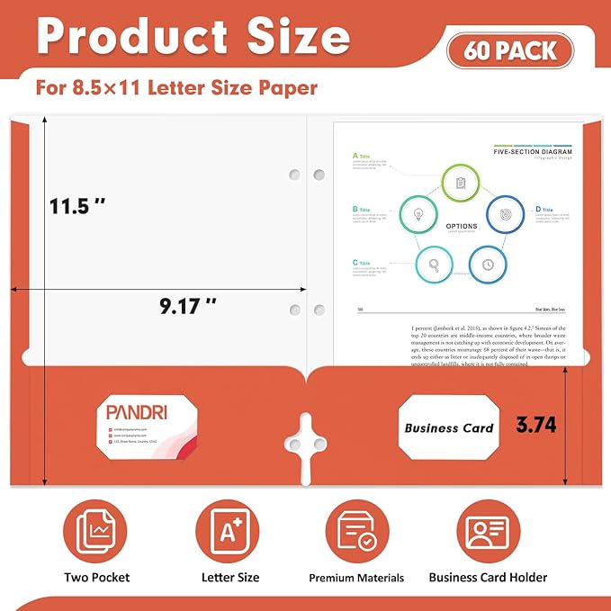 Two Pocket Portfolio Folders, PANDRI 60 Pack 3 Hole Punched 2 Pocket Folders for 3 Ring Binder, Letter Size Paper File Folder for School Office Home Business, Red