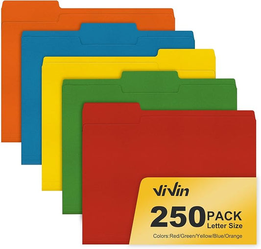 ViVin File Folder, 250 Pack Colored File Folders with 1/3-Cut Tabs, Fits 8.5 * 11 Letter Size Paper, Manilla Folders for Home Office School Documents(Assorted)