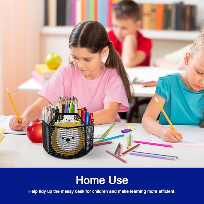 Comix 360° Rotating Pen Holder for Desk, 5 Compartments Office Desk Organizer, Black Mesh Metal Pencil Holder Cup for Office Home School