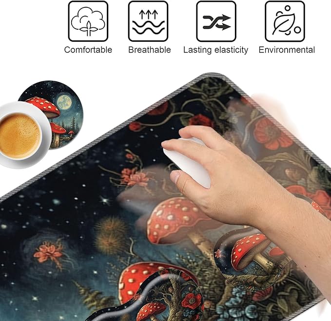 Keyboard Mouse Pad Set,Large Mouse Pad+Keyboard Wrist Rest+Wrist Support+Coaster,31.5x11.8in Extended Desk Mat for Computer Laptop Office Home-Mushroom Forest