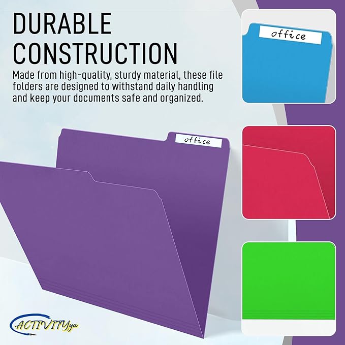 Purple File Folders, 1/3-Cut Tabs, Letter Size, 12-Pack – Durable Office Filing Folders for Documents, Papers, and Organization