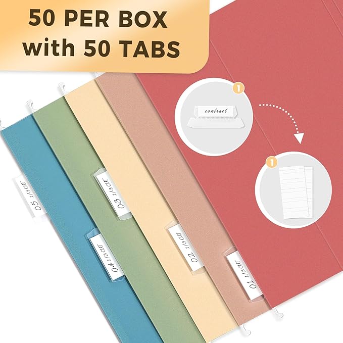 SUNEE Hanging File Folders, 50 Pack Letter Size Hanging File Folders with 1/5-cut Tabs, Stay Organized for Your Home and Office Bulk File, Documents and Paper,5 Retro Colors