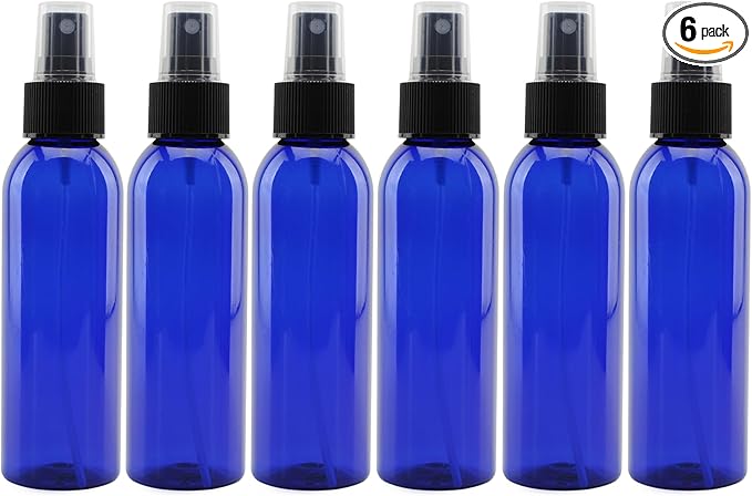 Cornucopia 4oz Blue Empty Plastic Refillable PET Spray Bottles w/Fine Mist Atomizer Caps (6-Pack); Sprayers for DIY Home Cleaning, Aromatherapy, Travel, & Beauty Care (4 Ounce, Cobalt Blue, 6)