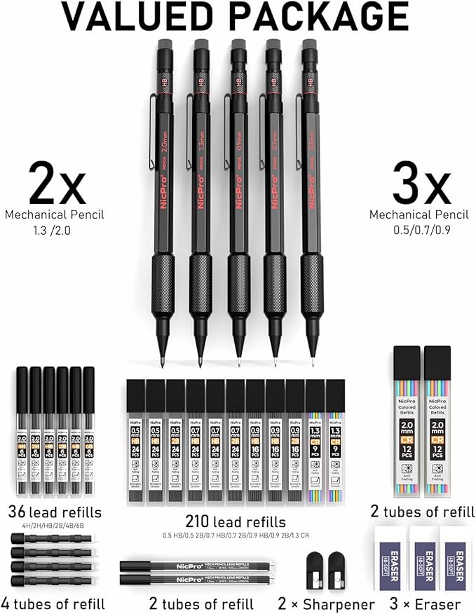 Nicpro 35PCS Art Mechanical Pencil Set, Metal Drafting Pencil 0.5, 0.7, 0.9,1.3 mm & 2mm with 21 Tube Lead Refills(6B 4B 2B HB 2H 4H Colors) Weatherproof Barrel for Outdoor Writing Drawing Sketching