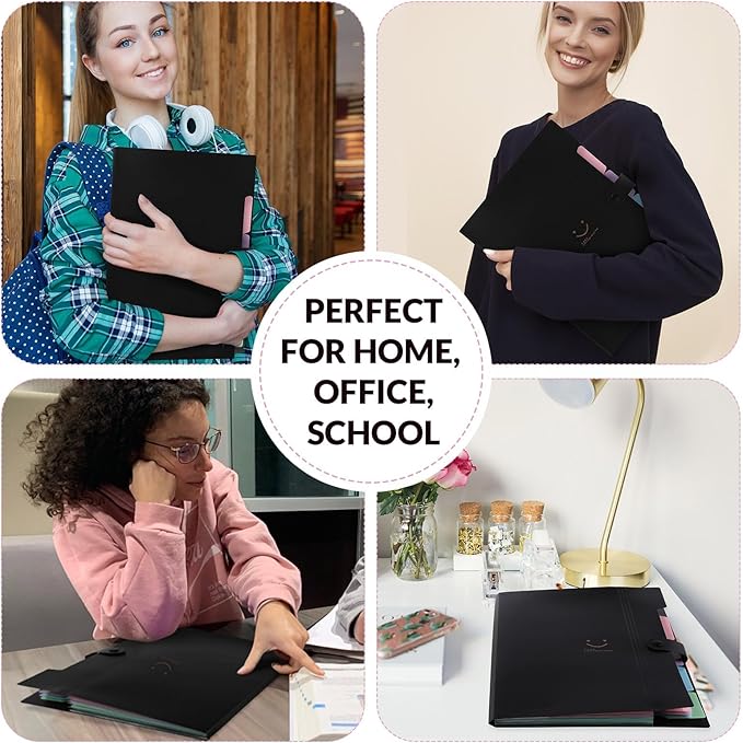 SKYDUE Expanding File Folder with 5 Pockets, Cute Accordion File Organizer, Letter Size Filing Folder, Portable Paper Organizer, School Office Supplies Black