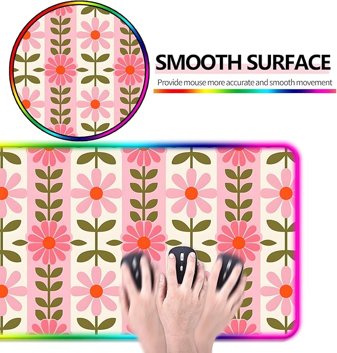 RGB Pretty Pink Flowers Gaming Desk Mat, Computer Keyboard Large Extended Long Floral LED Mouse Pad for Office and Home, XL (W11)