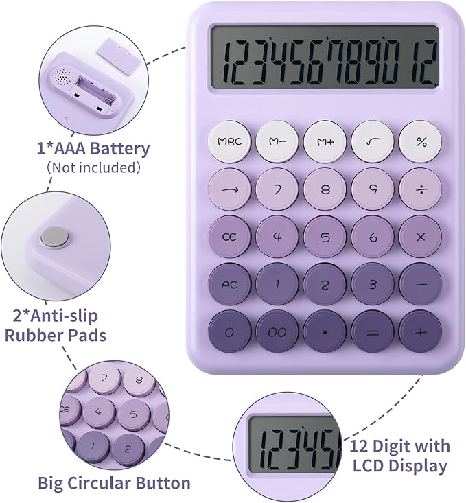 Desk Cute Purple Calculator with Big Buttons, Calculators Desktop, 12 Digit with Large LCD Display,Basic Standard Calculator,Mechanical Switch Aesthetic Calculators Office Supplies for Home and School
