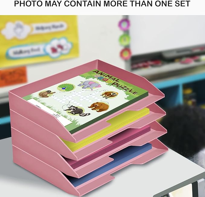 Acrimet Stackable Letter Tray 3 Tier Side Load, Plastic, Desktop File Organizer (Solid Pink Color)