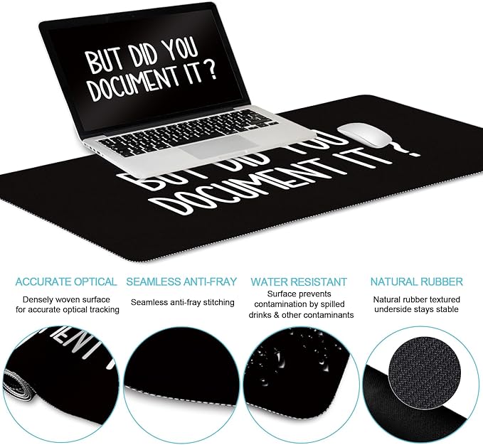 Black Mouse Pad Large Desk Mat Set, Funny Mouse Pad with Wrist Rest Keyboard Wrist Support XXL Mousepad Cup Coaster Set, Cute Office Desk Accessories Decor Supplies But Did You Document It