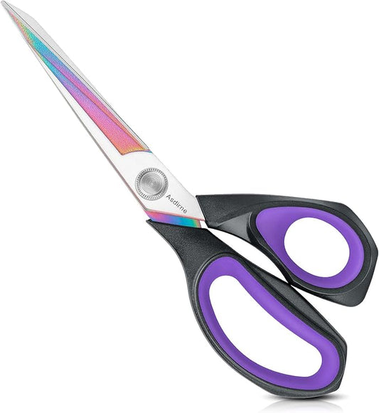 Professional Fabric Scissors, Heavy Duty Titanium Coating Sewing Scissors, Ultra-Sharp Blade Fabric Shear, Ergonomic Rubber Handle, Great for Craft, Sewing, Leather Tailor, 9.4”, Black/Purple
