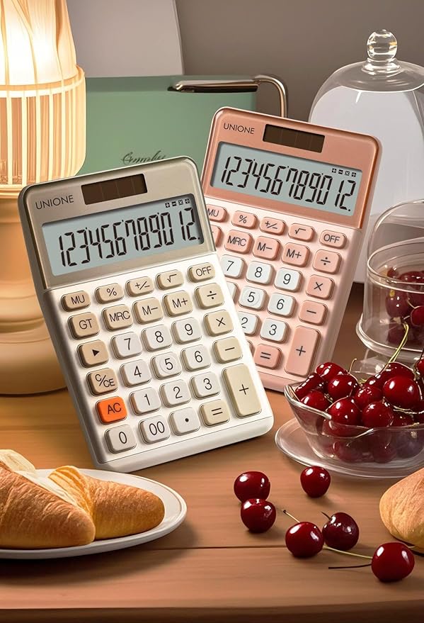 UNIONE Calculator with a Bright LCD, Dual Power Handheld Desktop. Color. Business, Office, High School… (Ivory)