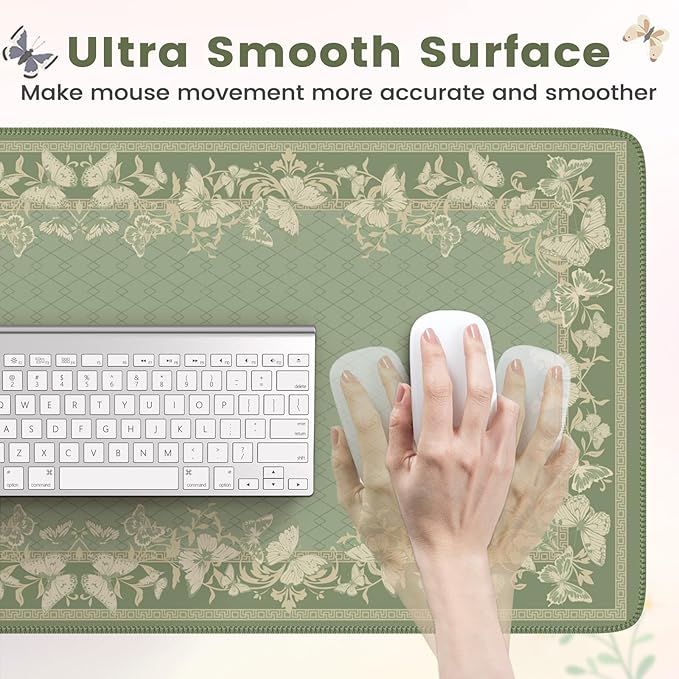 HAOCOO Light Green Desk Pad Mat, Desk Matt for Desktop with Edge Stitching, Non-Slip Mouse Pad Large, Cute Keyboard Mat for Gaming,Women Office