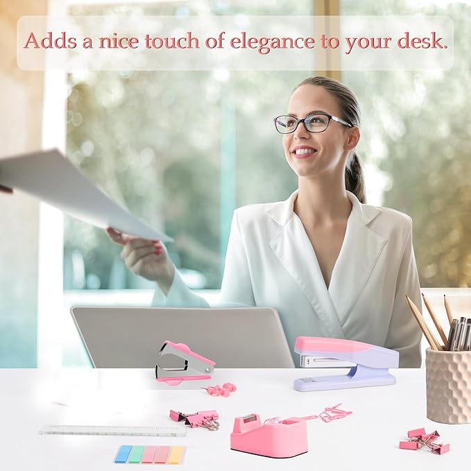 Pink Office Supplies, Pink Desk Accessories for Women, Cute Stapler and Tape Dispenser Set- Staple Remover, Clips, Staples, Scissor, Knife, Ruler, Tabs, Gift for Coworkers, Students