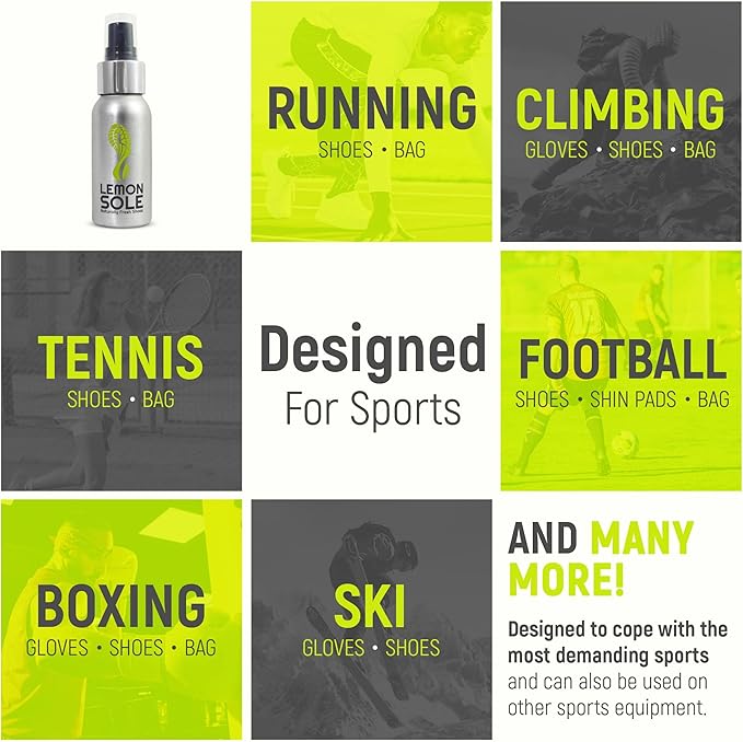 NATURAL SHOE FRESHENER & DEODORISER, Freshening Shoe Spray with 6 Powerful Essential Oils for Long-Term Odour Control, Designed for Sports, Fresh Lemon Scent.