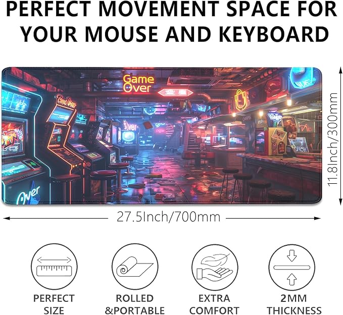 Game Over Mouse Pad,XL Game Hall Mousepad Desk Pad with Stitched Edges,Non-Slip Waterproof Rubber Base Mouse Mat Desk Mat for Office Computer Keyboard Laptop Home(27.5x11.8 in)