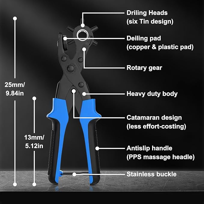 Diyife Professional Leather Hole Puncher, Full Set Punch Tool Kits for Belt, Watch Band, Shoe, Crafting, Handbag Straps, Fabric, with Extra Punch Plates and Ruler, Multi Hole Sizes Make - Blue