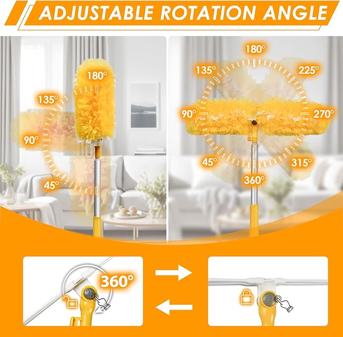 NEWE Dusters for Cleaning with 20 Refills for Flash, Extendable Handle Heavy Duty Dust Magnet for Swiffer with Microfibers, 360 Degree Multi-Surface Dusting Kit for Blinds Furniture (Yellow)