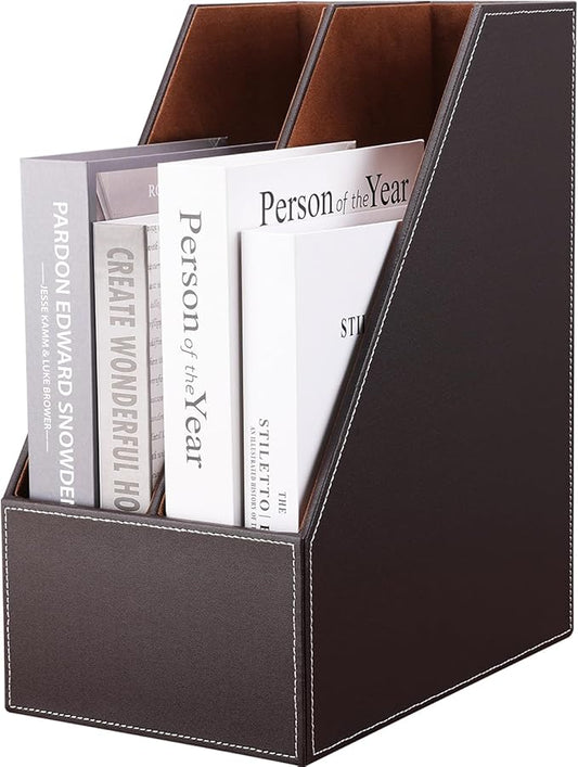 KINGFOM Wooden Leatherette Desktop File Folder Organizer and Document File Stand Journals Magazine Rack 2 Slots (brown)