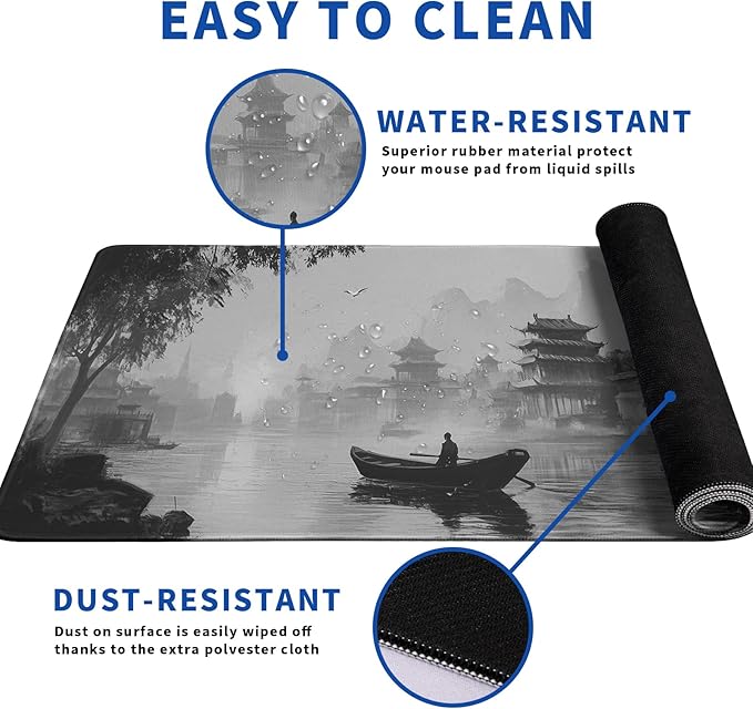 Japanese Ink Landscape Mouse Pad Abstract Black Mouse Pad 31.5x11.8 Inch LandscapeTexture Non-Slip Rubber Base Large Mousepad Stitched Edges Keyboard Mouse Mat Desk Pad for Office and Home