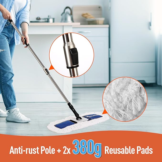 CLEANHOME 24" Heavy-Duty Commercial Dust Mop for Hardwood Floors & Large Areas - with 2 Microfiber Pads, Reinforced Telescoping Handle for Stable Cleaning in Homes, Garages & Commercial Spaces