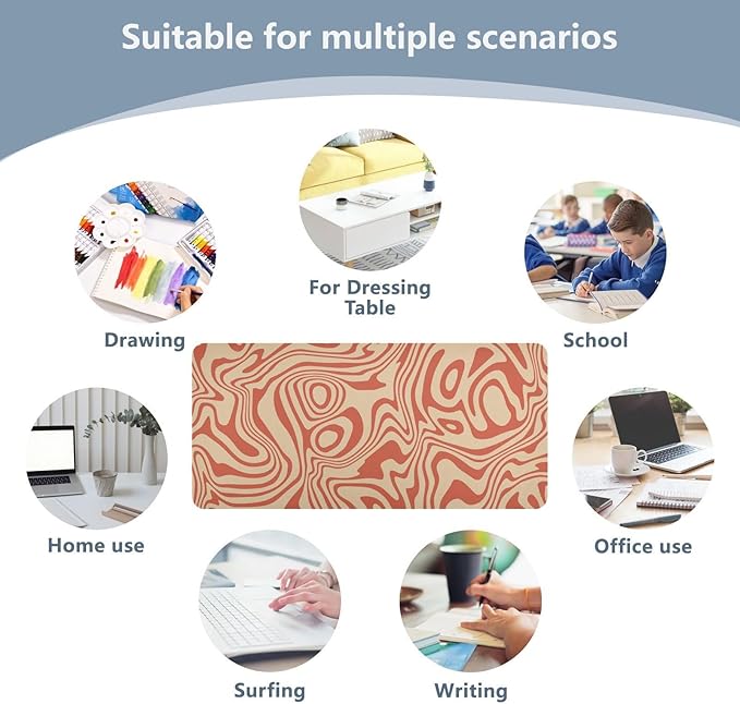 Mouse Pad Desk Mat Leather Desk Pad Large Gaming Desk Cover Protector Mat for Keyboard Computer Laptop Office Waterproof 35.4 x 16.5 Inch Wavy Red and Beige