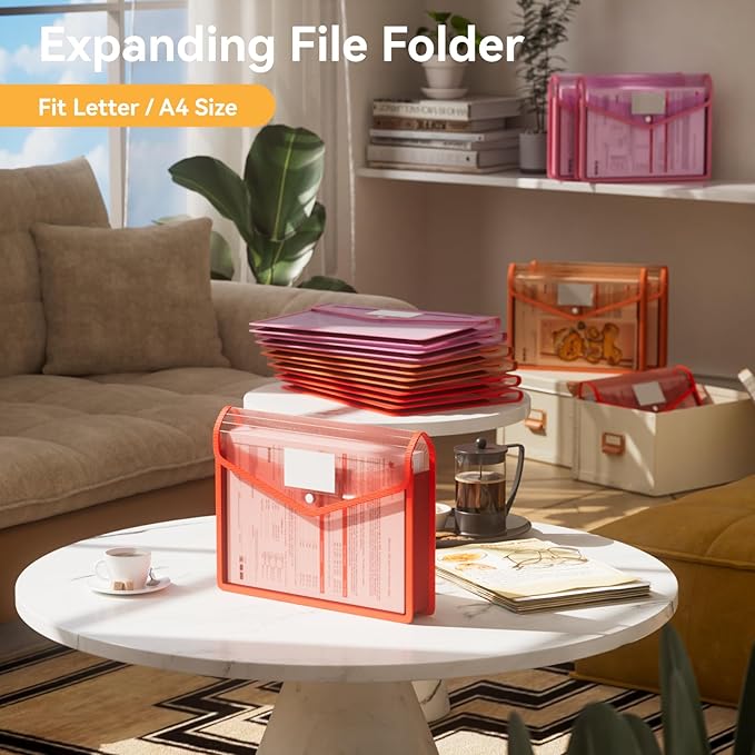ABC life 6 Pack Plastic Expanding File Folder, Folders for Documents with Snap Closure, Colorful File Folder Organizer Holder, Transparent, Large Capacity, Fit Letter/A4 Size - Warm Pink