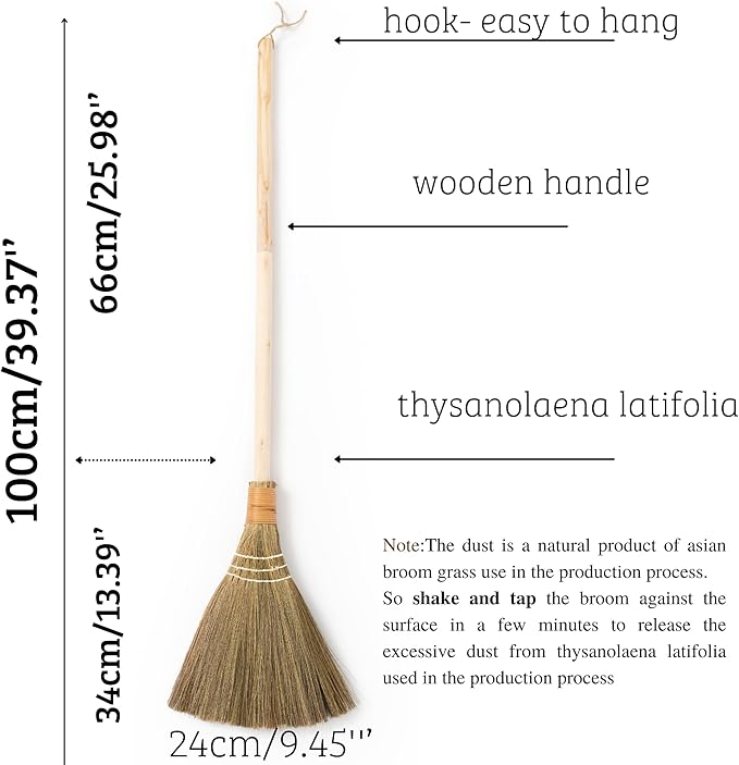 TTS Handmade Whisk Sweeping Broom - Vietnamese Straw Soft Broom for Indoor or Outdoor Sweeping - 9.45" Width, 39.37" Length
