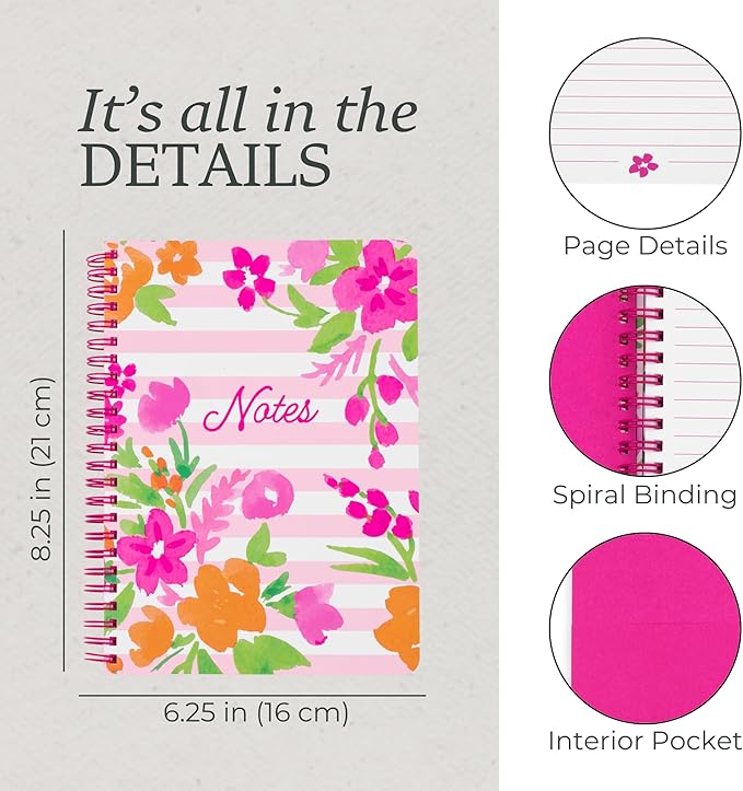 Steel Mill & Co Cute Mini Spiral Notebook, 8.25" x 6.25" Journal with Durable Hardcover and 160 Lined Pages (Watercolor Flowers)