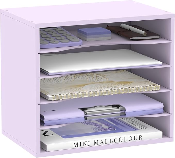 SUPEASY Wood Desk Organizer, 5 Tier Paper File Organizer for Desk, Wooden Desktop Organizer, Paper Letter Literature Mail Sorter, for Office School & Home Organization, Purple