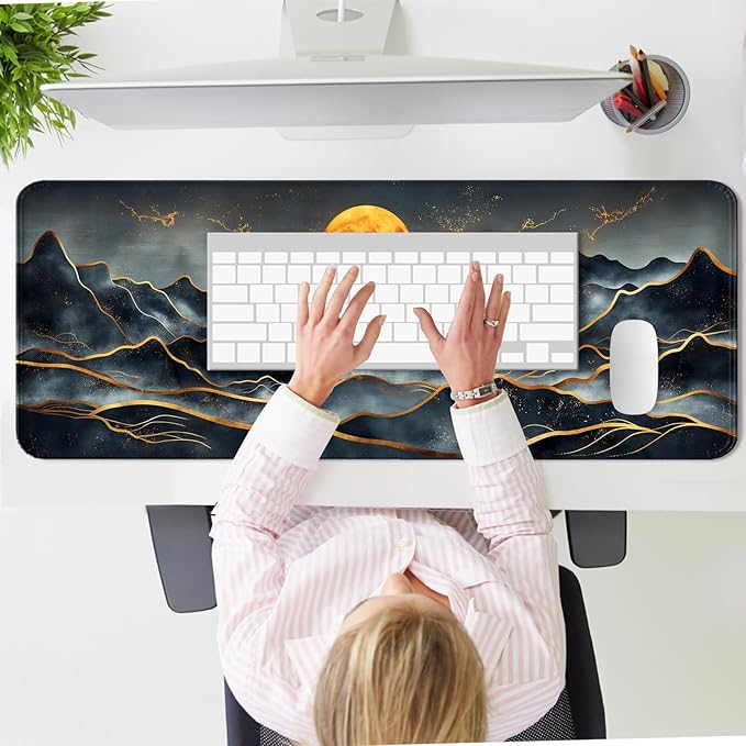 Gold Mountain and Moon Gaming Mouse Pad, Extended Large Abstract Minimalist Desk Mat, Computer Keyboard Laptop Mousepad for Work, Office and Home, XL, Black