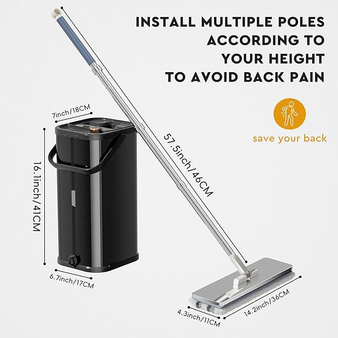 SWIFTIRON Separates Dirty Water Mop, Flat Mop and Bucket for Home with 4 Extra Refills, Stainless Steel Mop and Bucket with Wringer (Black)
