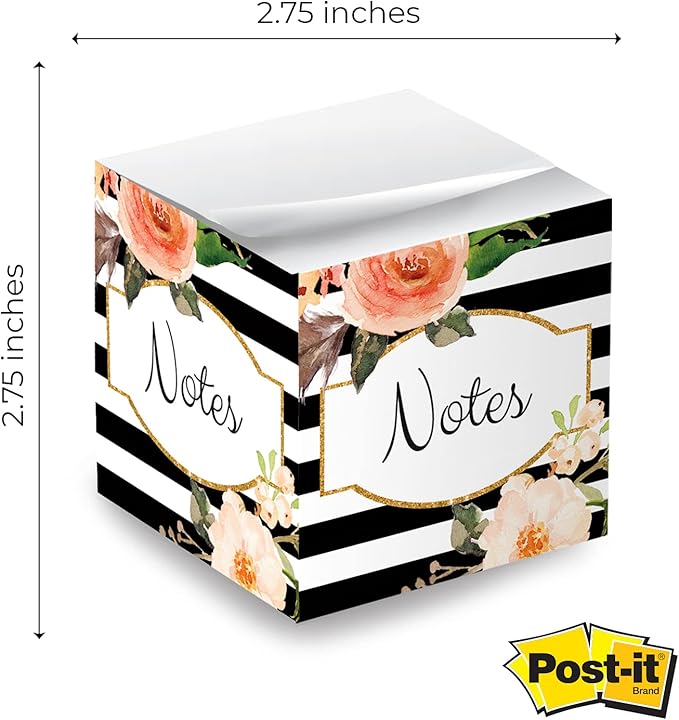 Black and White Floral Sticky Note Cube / 2.75" Memo Block Printed On 4 Sides/Modern Floral Stripe Design/Made in The USA