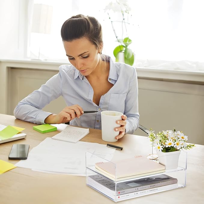 Yulejo 2 Pcs 12.4 x 8.74 x 2.68" Acrylic Desk Organizers Accessories Paper Storage Tier File Office Organizer Tray Stackable Document Clear Desk Accessories for Office Workspace Organization