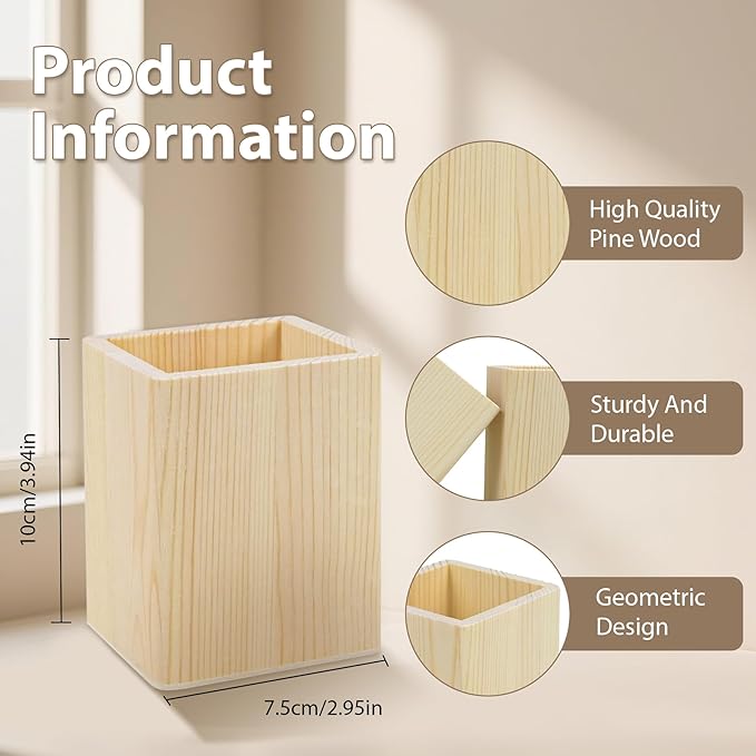 6 Pack Wood Pen Holder Unfinished Wooden Pencil Holder Pine Wood Pen Holder Stand for Desk Office Supplies Makeup Brushes Organizer (Square)