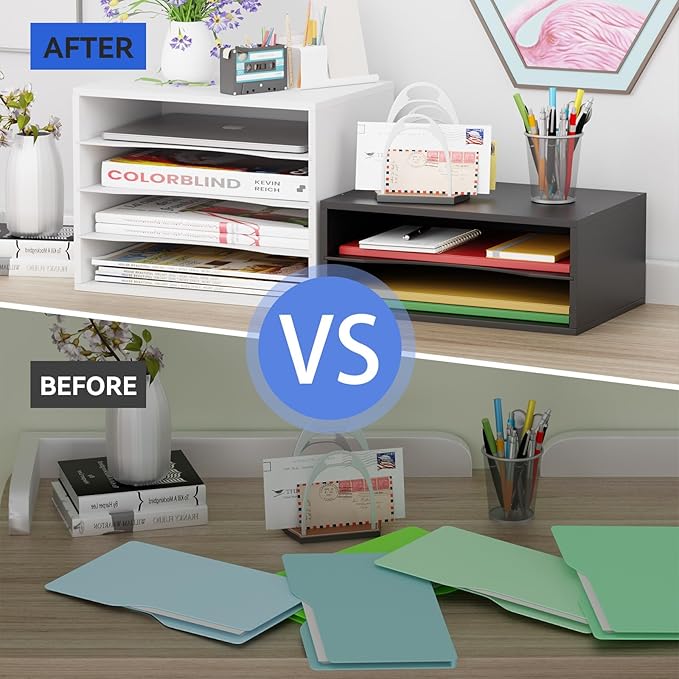 Wood Desktop Letter Tray File Organizer, Paper Storage Mail Sorter with 3 Adjustable Drawer Boards for Home and Office, White