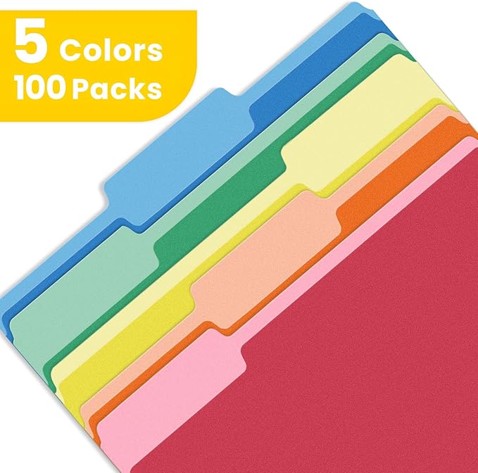 SUNEE File Folders Letter Size Assorted Colors, 100 Pack Manilla Folders 8.5 x 11 1/3-Cut Tabs, Colored File Folders Office Home School for Documents Files Paper