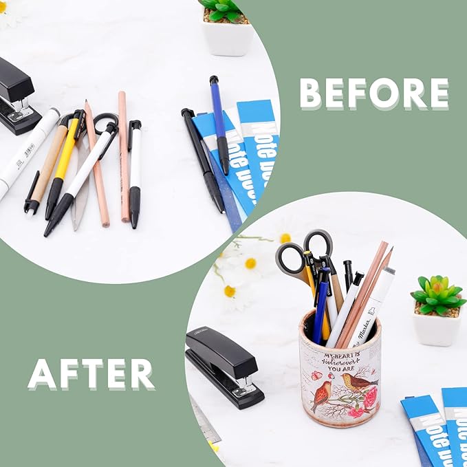 Pen Organizer for Desk, PU Leather Cute Pen Holder for Cosmetics Office Supplies, Gifts for Mom Wife Grandma, Love Birds PH83