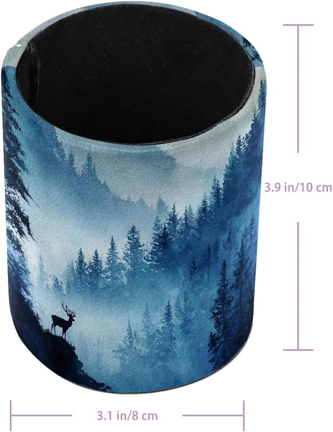 1 Pack Watercolor Mountain Deer Circular Pen & Pencil Holder - Durable PU Leather Pencil Cup, Desk Accessories Organizer for Office Desk School Home