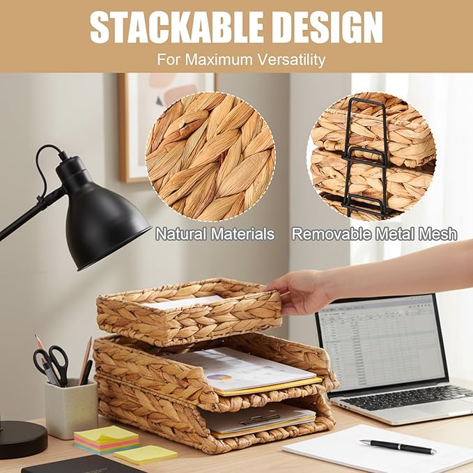 Geelin 3 Pack Woven Water Hyacinth Stackable Desk Organizer Letter Tray, Tabletop Desk Basket for Storage Paper Letter Folders Notebooks Copy Print, Workspace Holder, Keep Stationery Saver