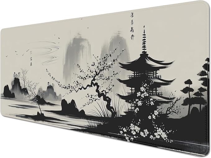 Ink Wash Sakura Mouse Pad Desk Mat,Cherry Blossoms Mouse Pad Japanese,Desk Mat for Keyboard and Mouse,Computer Pad,XL Mousepad with Stitched Edge Non-Slip Rubber Base for Office Home (27.5X11.8 in)