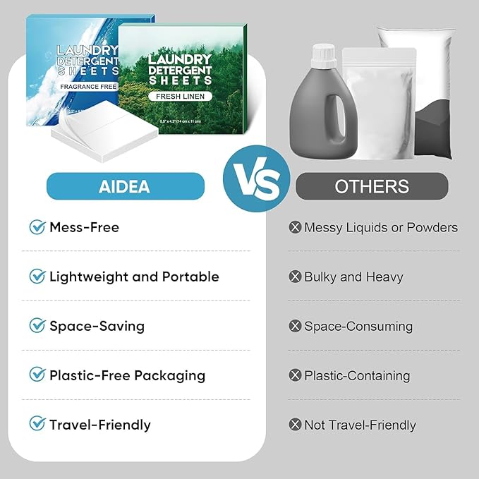 AIDEA Laundry Detergent Sheets, Fresh Linen Scent-(200 Loads) 100 Sheets, Eco-Friendly Laundry Detergent & Natural Ingredients, No Plastic Jug, Lightweight & Easy To Use For Travel, Apartments, Dorms