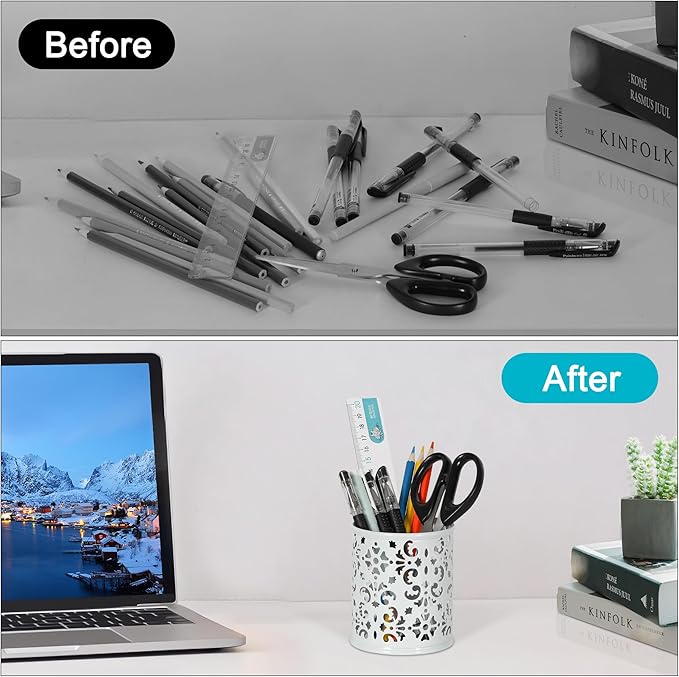 EasyPAG Metal 2-Piece Pen Holder Set Desk Accessories & Workspace Organizers for Classroom, School & Office,White