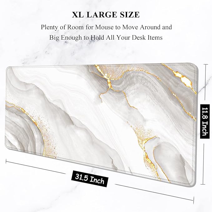 Auhoahsil Large Mouse Pad, XXL Gaming Mousepad, Desk Mat for Desktop, Thick Rubber, Big & Long Size, Stitched Edges, Full Desk Pad for Laptop & Computer, Extended 31.5 x 11.8 in, Gold Gray Marble