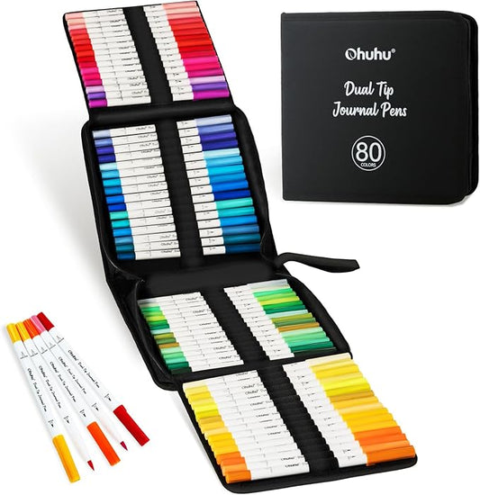Ohuhu Markers for Adults Coloring Books 80 Colors Coloring Markers Pens for Journaling Water-Based Dual Tips Extra Fine & Brush Art Markers for Calligraphy Lettering Card-making